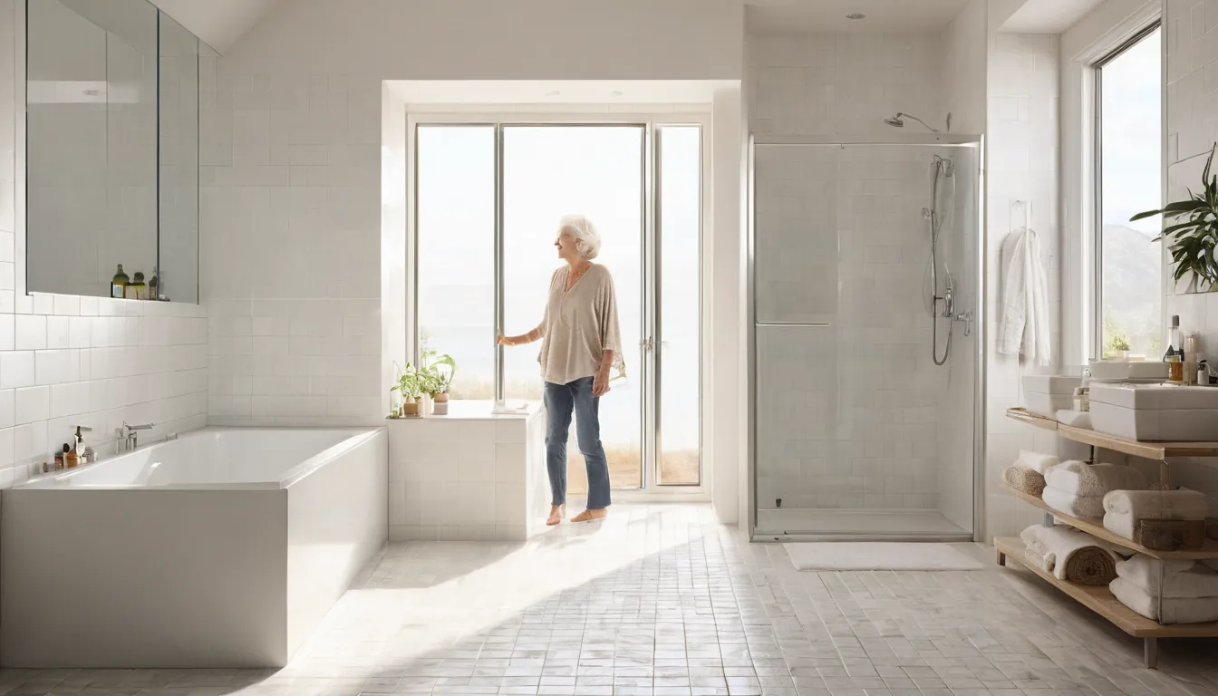 Senior homeowner looking at a walk-in tub in a bright bathroom in Wilmington
