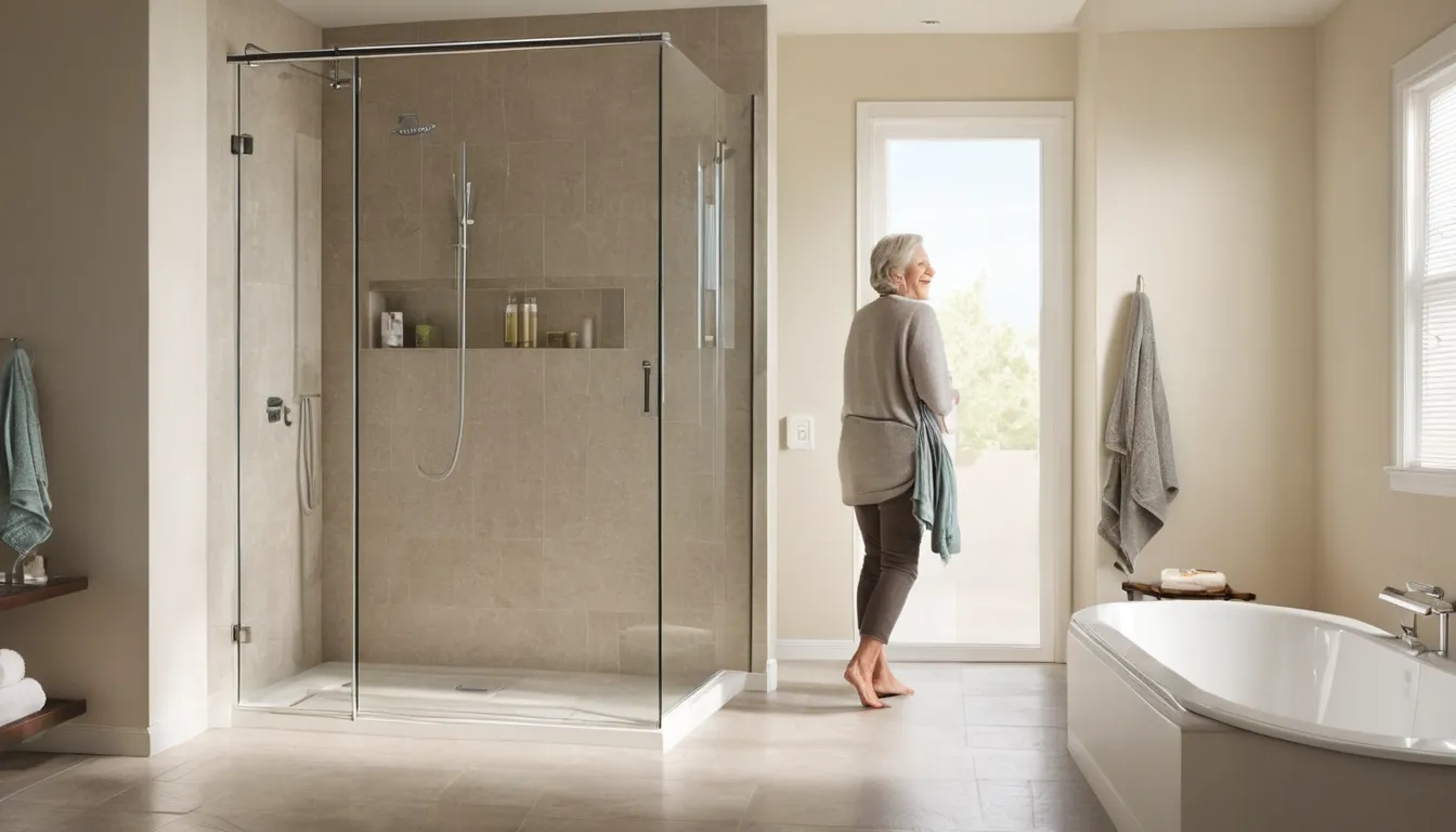 Senior homeowner stepping into a bright low-threshold walk-in shower in a Wilmington area home