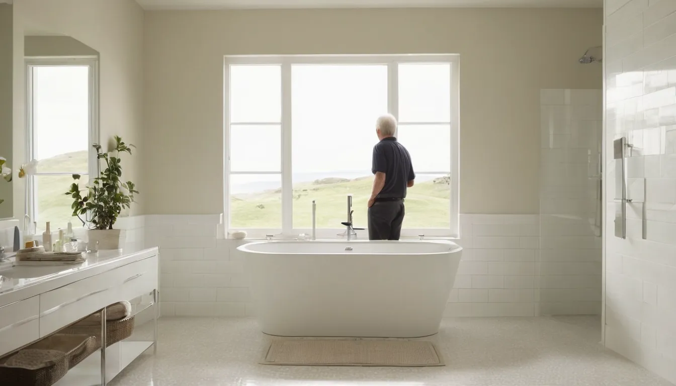 A smiling older homeowner in Wilmington sitting beside a walk-in tub with its door open in a bright bathroom